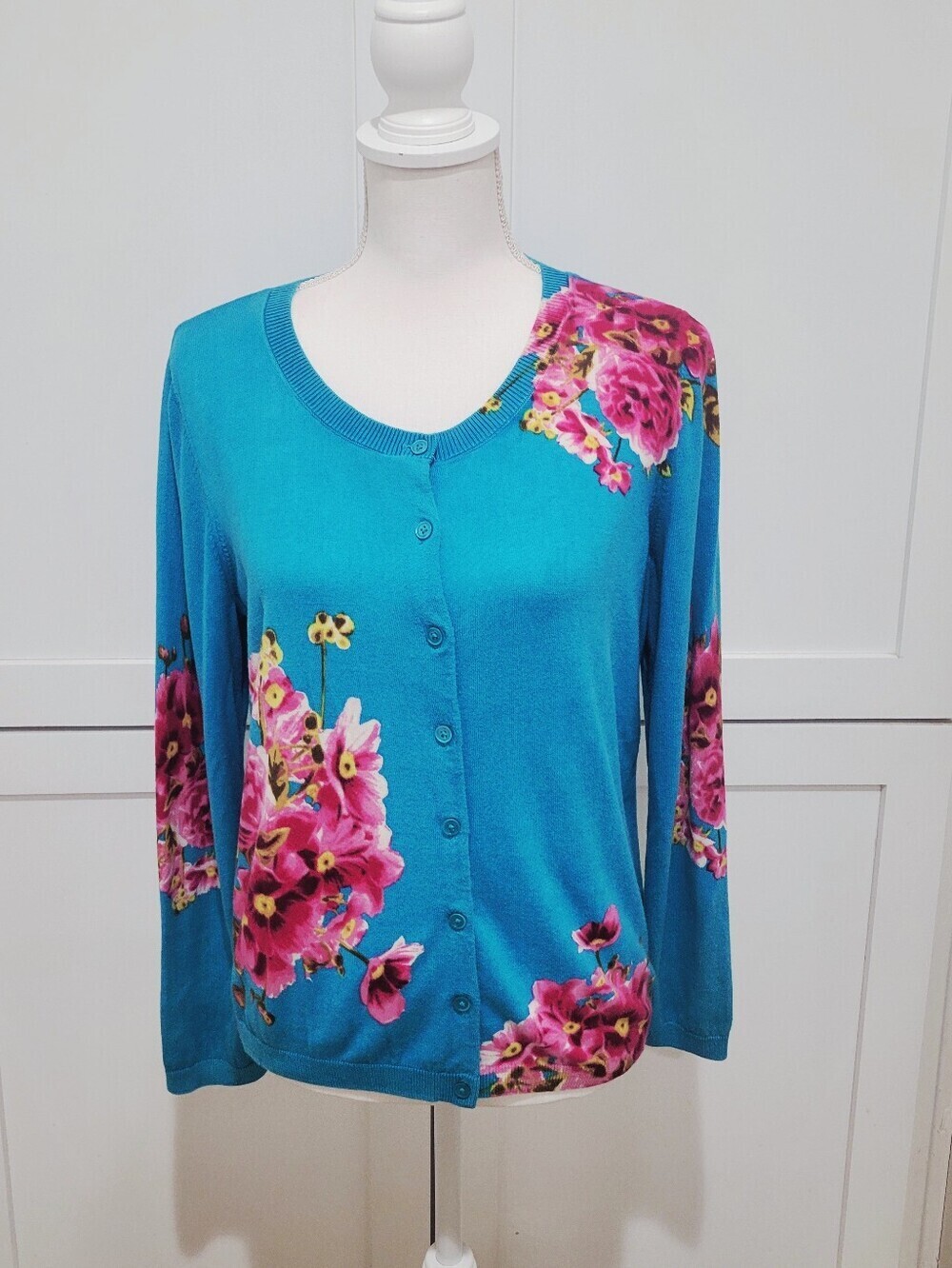 Talbots Turquoise Blue Floral Button-Front Women's Cardigan Sweater | Large